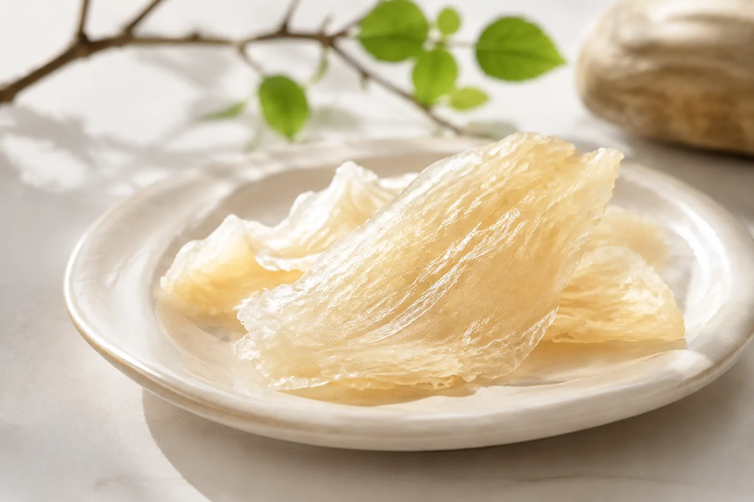 浅色器皿中的林蛙油原料