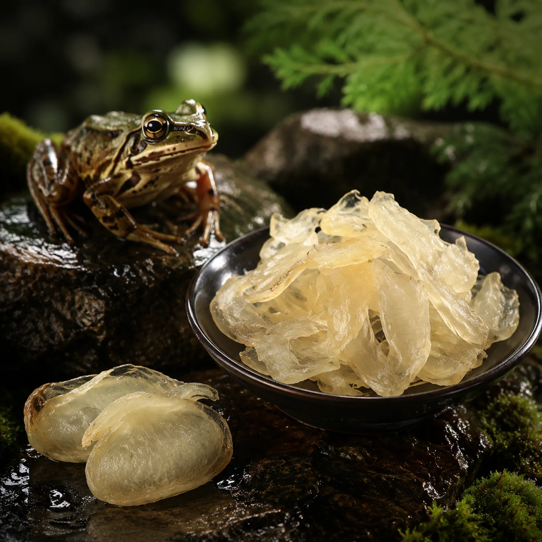 林间环境中的林蛙与林蛙油原料