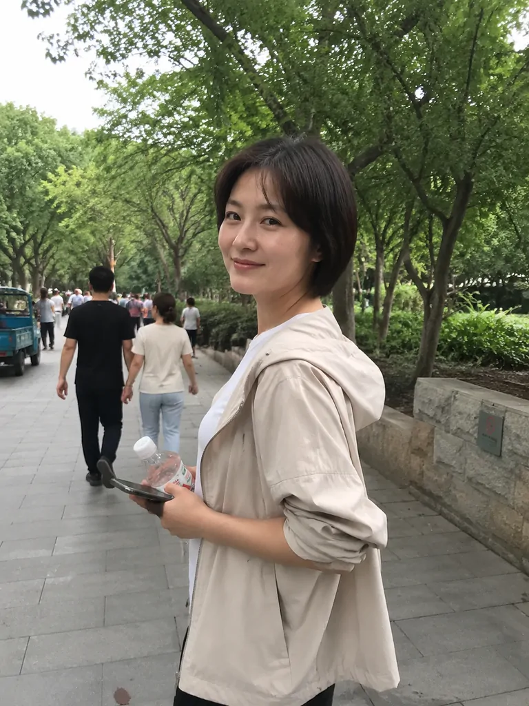 女性在林荫街道中回望