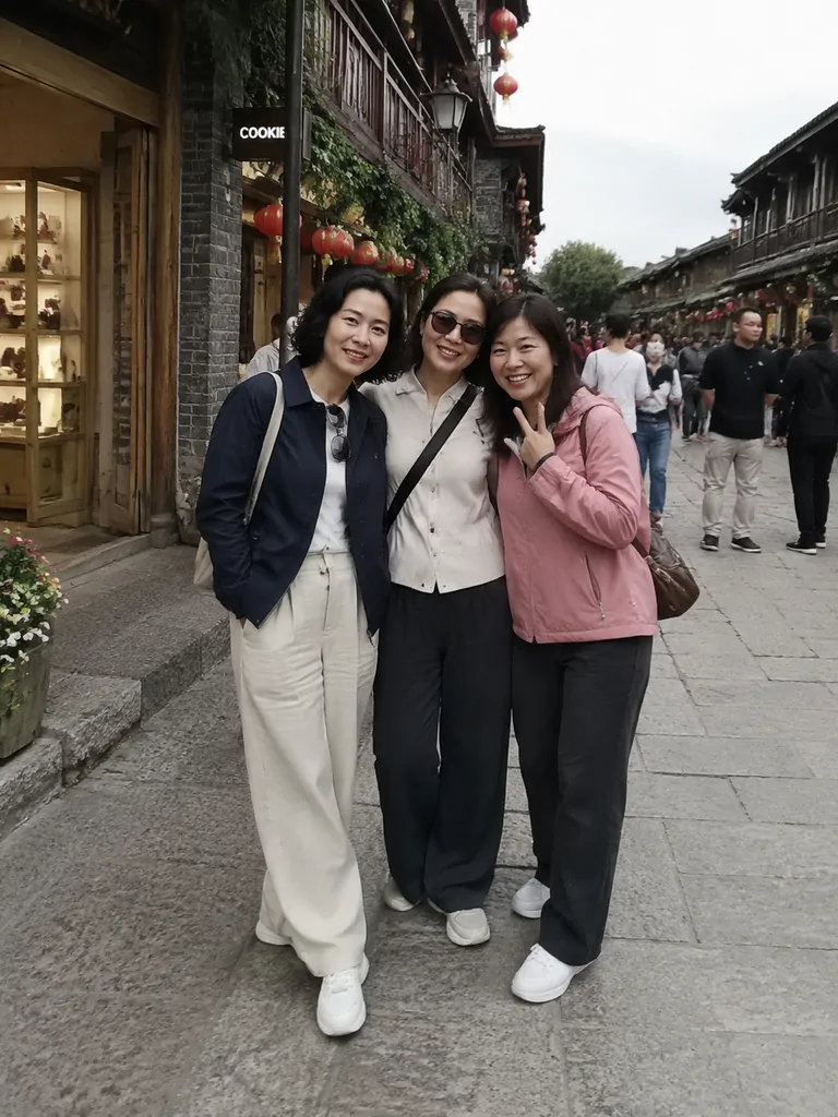 三位女性在街区中合影